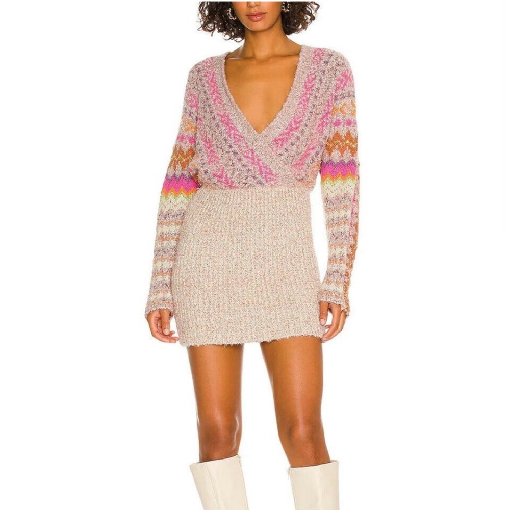 Free People Forever Fair Isle Sweater Dress in Strawberry Combo Size Large